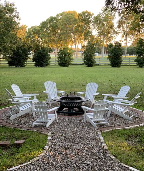 Adirondack Chairs Fire Pit Seating Areas, Outdoor Fireplace With Adirondack Chairs, Adarondic Chairs Around Fire Pit, Outdoor Firepit Sitting Area Ideas, Creek Side Fire Pit, White Adirondack Chairs Fire Pit, Bonfire Pits, Muskoka Chair, Adirondack Chairs Patio