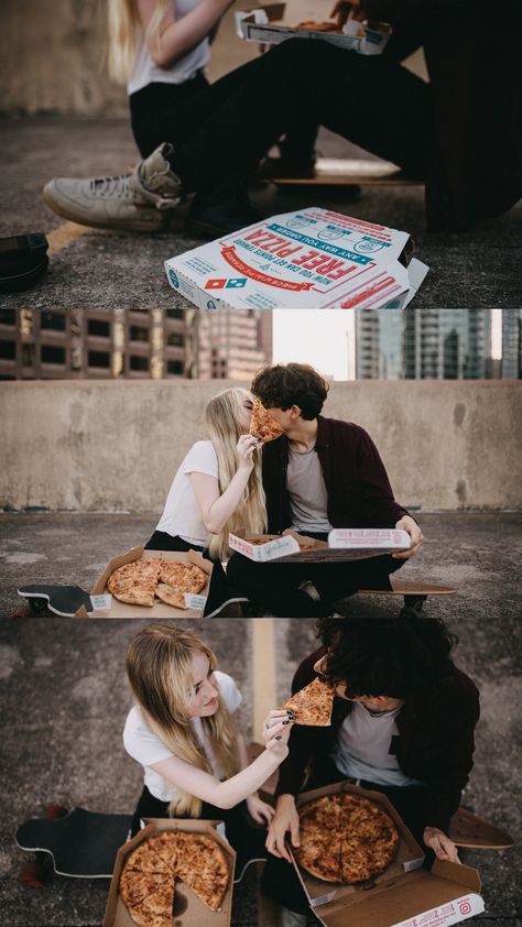 Rooftop couples session can be exactly like a pizza and nintendo switch date but better! #austinphotographer #rooftopphotoshoot #parkinggaragephotoshoot #texasphotographer #austinphotolocations #austin #texas #austinweddingphotographer Burger Couple Photoshoot, Pizza Rooftop Photoshoot, Pizza Date Night Photoshoot, Pizza Date Photoshoot, Couple Pizza Photoshoot, Pizza Couple Photoshoot, Couple Eating Pizza Aesthetic, Engagement Photos Fast Food, Couple Eating Pizza