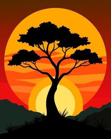 Silhouette of a tree on a sunset background. African Trees Drawing, African Tree Painting, Sunset Tree Painting, Sunset Abstract Art, African Painting Ideas, African Tree Silhouette, Sunset Mural, Africa Trees, Watercolour Trees