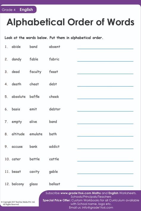 Alphabetical order worksheets for Grade 4. Put each group of words in alphabetical order. 6000 + Math & English worksheets for PYP(IB), Cambridge, Oxford curriculum Subscribe to www.grade1to6.com for just $25 a year to get 6000 plus Maths and English worksheets for Grade 1 to Grade 6 #mathworksheets #schoolprincipals #englishworksheets English Worksheets For Grade 1, Dictionary Activities, Alphabetical Order Worksheets, Plurals Worksheets, Free English Worksheets, All About Me Poster, Dictionary Skills, English Grammar Exercises, Printable Alphabet Worksheets