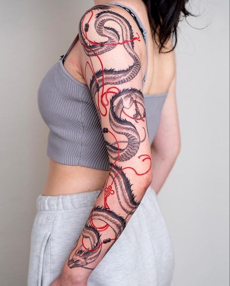 Colorful Arm Tattoo For Men, Haku Arm Tattoo, Haku Tattoo Arm, Tattoo Dragon Japan, Sleeve Dragon Tattoo, Dragon Wrapped Around Arm Tattoo, Red Sleeve Tattoo, Wrap Around Tattoos, Dragon Tattoo Wrapped Around Arm