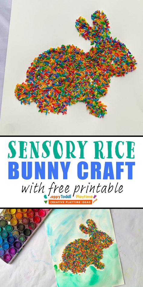 Bunny Easter Crafts, Sensory Rice Activities, Rice Crafts Ideas For Preschool, Rice Art For Kids, Easter Sensory Play, Rice Crafts Ideas, Rabbit Activities For Kids, Rabbit Crafts For Preschoolers, Easter Sensory Activities