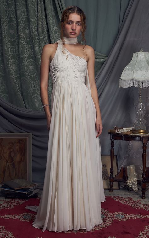 The Hellenistic One-Shoulder Chiffon Gown By Mirror Palais | Moda Operandi Chiffon Outer, Mirror Palais, Upscale Fashion, Corset Skirt, Princess And The Pea, Gown Skirt, Ribbon Dress, Wedding Dress Trends, Chiffon Gown