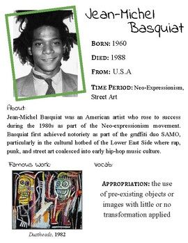 Jean-Michel Basquiat biography and informational page. Student version includes fill-in-the-blank and spaces for students to draw the artist portrait and example of their artwork. Jean Michel Basquiat Inspired Art, Biography Ideas, Basquiat Artist, Jean Basquiat, Jean Michel Basquiat Art, Basquiat Paintings, Basquiat Art, Artist Portrait, Michel Basquiat