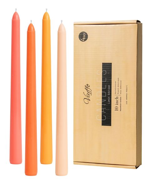 PRICES MAY VARY. 🕯【 Timeless Tapered Design 】: These taper candles feature the timeless and elegant design of candlesticks, with a slender and tall shape. Hand-poured taper candle that adds sophistication to any setting. 🕯【 Orange Ombre Shade 】: These taper candles are decorated in an attractive orange ombre color scheme, starting with a vibrant reddish orange shade on the first candle and gradually transitioning to subtle melon orange of the fourth. This unique color adds a striking visual el Wedding Thrifting, Orange Taper Candles, Candlesticks Wedding, Dinner Christmas, Tapered Candle, Candle Sticks Wedding, Tall Candle, Orange Ombre, Reddish Orange