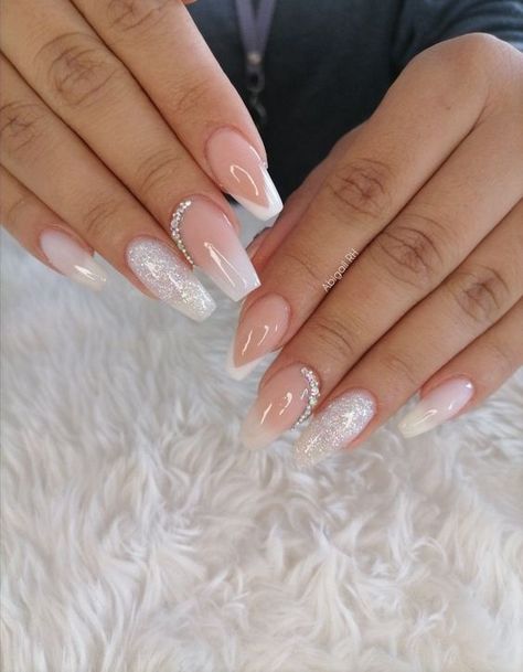 Floral Bliss -  #Bliss #Floral French Tip Diamond Nail Design, Fancy White French Tip Acrylic Nails, Bridal Nails Rhinestones, Ballerina Nails Elegant, Acrylic Nails For Wedding The Bride, Wedding Nails Glitter The Bride, Elegant Nails With Rhinestones, Nails Inspiration Diamond, Long Bridal Nails