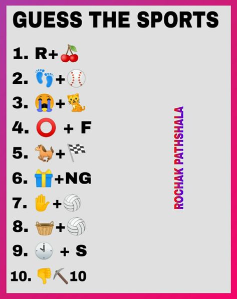 #guessthesports #sports #cricket #sportspuzzle #puzzle #riddle #whatsapppuzzle #new #now #pinterest Guess The Emoji Answers, Holi Games, Logic Puzzles Brain Teasers, Emoji Answers, Guess The Emoji, Emoji Puzzle, Sports Quiz, Sports Activities For Kids, Building Silhouette