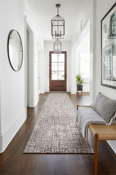 A grand entrance inspired by the Greek isles ✨ Make a lasting impression with one of our newest styles, Winding Rhodes. https://www.flor.com/winding-rhodes Long Foyer, Foyer Rugs, Foyer Ideas Entryway, Entryway Runner, Runner Rug Entryway, Foyer Ideas, Hallway Designs, Long Hallway, Entry Hallway