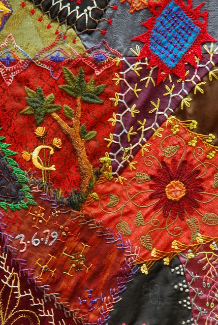 SOLD! | Detail From My Crazy Quilt, which sold tday, For $70… | Flickr Crazy Quilt Templates, Crazy Quilts Patterns, Crazy Quilt Stitches, Patchwork Embroidery, Crazy Quilt Blocks, Crazy Patchwork, Quilting Templates, Hand Embroidery Patterns Flowers, Crazy Quilting