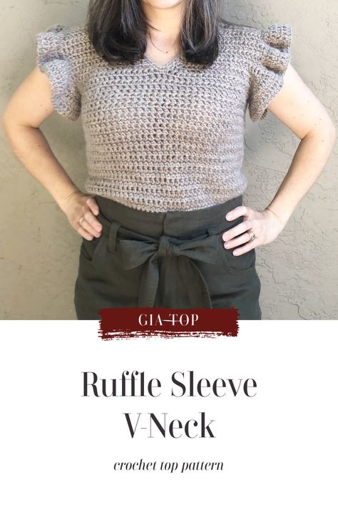 This simple crochet t-shirt pattern features easy to crochet ruffle sleeves. The Gia top pattern is a bottom up design with only two tiny shoulder seams. Crochet Ruffle Sleeves, Crochet Summer Top Pattern, Ruffle Sleeves Pattern, Simple Sewing Tutorial, Crochet T Shirt, Summer Top Pattern, Foundation Single Crochet, T Shirt Pattern, Crochet T Shirts