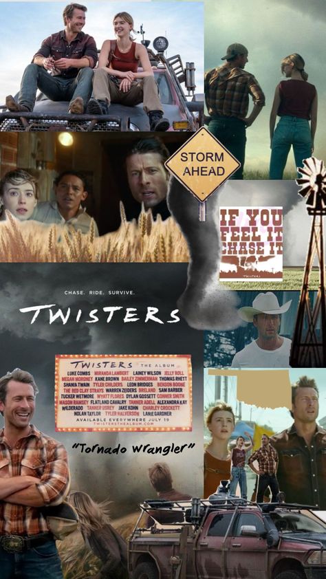 #twisters #twisters2024 #glenpowell #daisyedgarjones Twister The Movie, Mason Ramsey, Glenn Powell, Movie Collage, Leon Bridges, Movie Nerd, Storm Chasing, Glen Powell, Thomas Rhett