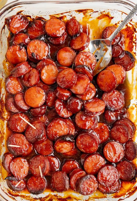 Overhead picture of the pan Sausage In Bbq Sauce Crock Pot, Kielbasa With Bbq Sauce, Tater Tot Appetizers Super Bowl, Pioneer Woman Bbq Peach Smoked Sausage, Lil Sausage Appetizers, Kielbasa Grape Jelly Bbq Sauce, Diced Sausage Recipes, Sausage And Bbq Sauce Crock Pot, Baked Bbq Sausages In Oven