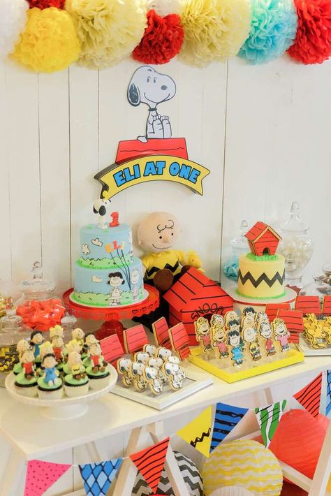 Peanuts/Charlie Brown Birthday Party Ideas | Photo 1 of 58 Charlie Brown Theme Birthday Party, Peanuts 1st Birthday Party, Charlie Brown Christmas Birthday Party, Charlie Brown And Snoopy Birthday Party, Charlie Brown Theme Party, Peanuts Party Decorations, Charlie Brown Birthday Party Ideas, Charlie Brown 1st Birthday Party, Peanut Birthday Party