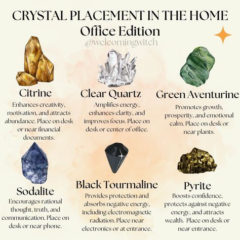 Crystal Placement in the home: Office Edition . . . . . . . . . #wiccansofinstagram #witchlife #witchesofinstagram #witch #witchcraft #wicca #wiccan #pagan #spiritual #spiritualawakening #Spirituality #witchessociety #witchytips #magic #babywitch #beginnerwitch #witchy #witchesoftiktok #witchtok #crystals #crystalmagic Crystals Placement In Home, Crystals And Witchcraft, Crystals Meanings Witchcraft, Crystal Placement In Home, Crystals In Witchcraft, Crystals For Office, Crystals For Work, Witches Facts, Desk Feng Shui