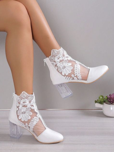 Elegant Classic Boots For Women, Flower Pattern Chunky Fashion BootsI discovered amazing products on SHEIN.com, come check them out! Bridal Boots, Wedding Boots, Bridal Heels, Stunning Shoes, White Shoes Women, Crochet Shoes, Boots Women Fashion, Womens Shoes High Heels, Classic Boots