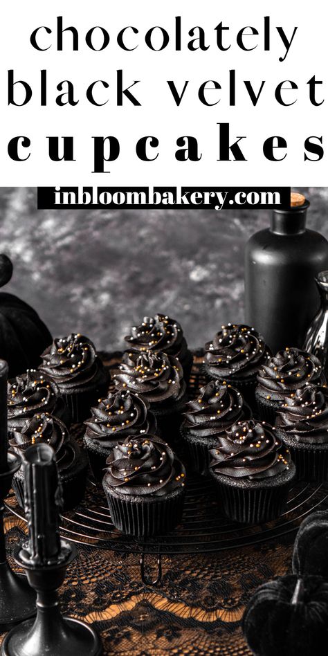 These are the best black velvet cupcakes! They're super moist and chocolatey and topped with a decadent black cocoa buttercream. They have a rich black color that makes these perfect for Halloween parties and all of spooky season! Black Velvet Cupcakes Recipe, Black Halloween Cupcakes, Black Icing Cupcakes, Black Cocoa Cupcakes, Black Food Ideas For Color Party, Black Foods For Color Party, Black Cocoa Powder Recipes, Black Foods For Party, Black Food Ideas