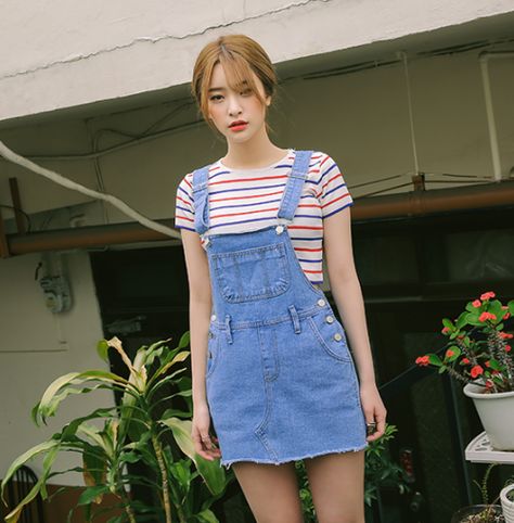 [STYLENANDA] SHORT DENIM OVERALL DRESS Short Jumper Outfit, Dress Outfits Korean, Denim Dress Outfit, Cute Asian Fashion, Korean Fashion Kpop, Denim Overall Dress, Short Denim, Korean Fashion Trends, Korean Dress