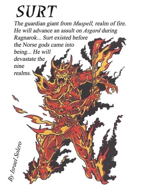 Surt (Norse Myth) Comic Art Surtur Norse Mythology, Jotnar Norse Mythology, Surtr Norse Mythology, Norse Giants, Norse Deities, Odin Norse Mythology, Fire Giants, Norse Gods, Myths & Monsters