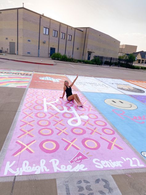 xoxo preppy art senior parking spot painting pink everything gold pink senior 2022 parking lot Hs Parking Spot Ideas, Girly Parking Spot Painting, Preppy Parking Spot Ideas, Parking Spot Ideas High School, Preppy Parking Spot, Preppy Senior Parking Spot, Sophomore Shirts, Unique Parking Spot Paintings, Cute Parking Spot Paintings