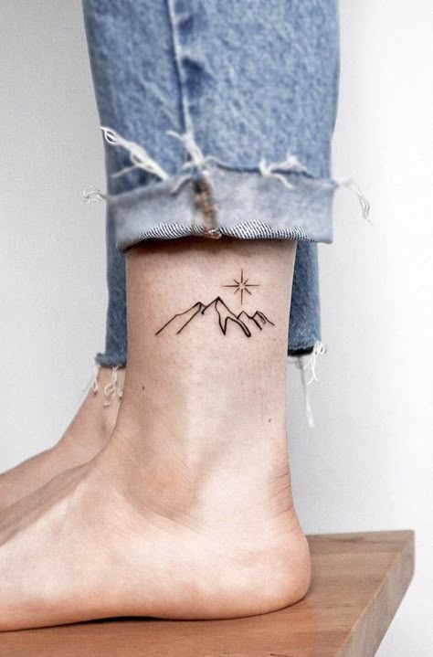 Mountain Tattoo On Ankle, Mountain Hip Tattoo, Ankle Mountain Tattoo, Swiss Tattoo Ideas, Small Colorado Tattoo, Ankle Tattoo Mountain, Mountain Tattoo Ankle, Grand Canyon Tattoo, Outdoor Tattoo Ideas