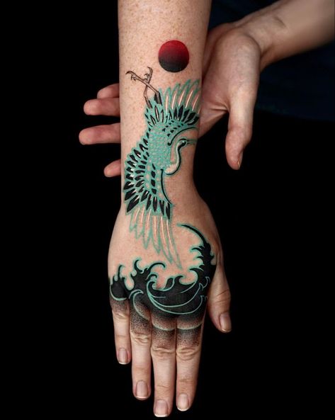 Rebirth Tattoos, Japanese Wave Tattoos, Japanese Hand Tattoos, Unique Hand Tattoos, Diver Tattoo, Minimalist Symbols, Wave Tattoo Design, Crane Tattoo, Single Needle Tattoo