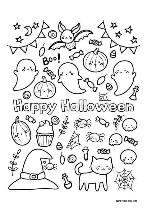 50 dibujos de Halloween para colorear fáciles y divertidos | Pequeocio Halloween Coloring Pages For Kids, Cute Halloween Coloring Pages, Imprimibles Halloween, Halloween Coloring Sheets, Halloween Symbols, Halloween Coloring Book, Seni Dan Kraf, Halloween Drawings, Halloween Crafts For Kids