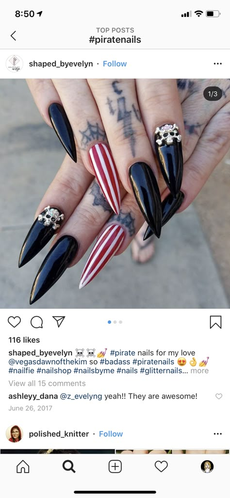 Captain Hook Nails, Pirate Acrylic Nails, Pirates Of The Caribbean Nail Art, Pirate Nails Design Simple, Pirate Halloween Nails, Pirate Theme Nails, Halloween Pirate Nails, Pirate Inspired Nails, Pirate Nails Ideas