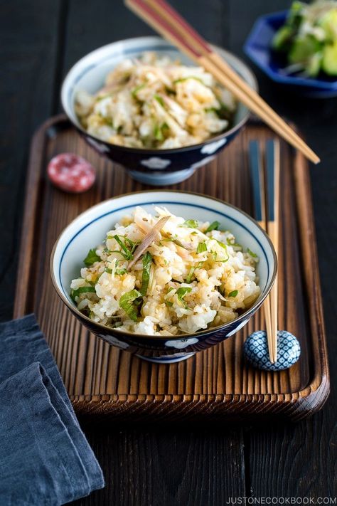 Simple, fragrant, and flavorful, this Myoga Shiso Rice (Maze Gohan) is made with just 6 ingredients; steamed rice, soy sauce, sesame oil, shiso, myoga, & sesame seeds. It goes so well with any Asian main dishes! #myoga #shiso #mazegohan #japaneserice | Easy Japanese Recipes at JustOneCookbook.com Shiso Recipe, Yakimeshi Recipe, Japanese Rice Dishes, Rice Seasoning, Just One Cookbook, Making Fried Rice, Easy Japanese Recipes, Japanese Recipes, Japanese Rice