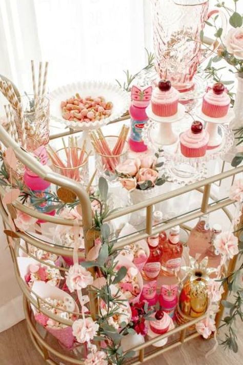 Take a look at this pretty pink tea party birthday! The food cart dessert table is so sweet! See more party ideas and share yours at CatchMyParty.com   #catchmyparty #partyideas #teaparty #girlbirthdayparty #pink #desserttable Tea Bar Cart Ideas, Vintage Party Decorating Ideas, Fancy Tea Party Food, Tea Party Setup, Sweet Sixteen Tea Party, Pink Tea Party Aesthetic, Tipsy Tea Party Decorations, Vintage Pink Tea Party, Floral Tea Party