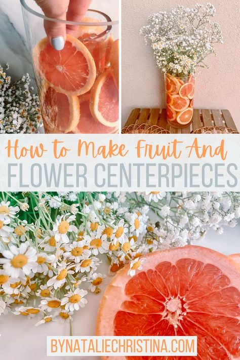 The grapefruit flower arrangement is so cute! Love the colors. Baby's breath and chamomile are the perfect spring flowers!! Can't wait to make this fruit and flower centerpiece for my house. #diyfloralarrangement #DIYflowercenterpiece #citrusflowerarrangement Flower Arrangements With Oranges, Vase With Fruit And Flowers, Oranges In Flower Arrangements, Grapefruit Centerpiece Ideas, Oranges And Flowers Centerpiece, Grapefruit Flower Arrangement, Oranges In Vase With Flowers, Floral Arrangement With Oranges, Flower Arrangement With Oranges