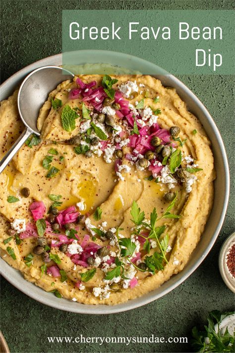 Taking the traditional Greek fava bean dip and sprucing it up with fresh herbs, crumbled feta, pickled onions, capers, and sumac! #healthysnack #dips #glutenfree #greekrecipes Greek Hummus Recipe, Fava Bean Recipe, Greek Fava, White Bean Hummus Recipe, Fava Beans Recipes, White Bean Hummus, Fava Bean, Bean Recipe, Bean Dip