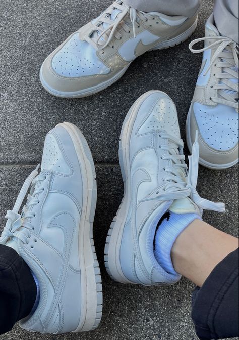 a picture of sitting on the sidewalk with our nike dunks one off white with grey and one white and beige an aesthetic shoe sneaker head Oatmeal Dunks, Grey Dunks, Neutral Sneakers, Cream Outfit, Trendy Shoes Sneakers, Matching Shoes, Trendy Shoes, Nike Sneakers, Fit Inspo