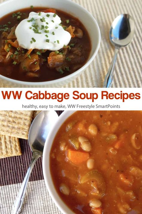 Naturally low in calories, these Weight Watchers Cabbage Soup Recipes have low Freestyle SmartPoints values, ranging from 0 to 5 per serving, and can be made in the slow cooker or the stovetop! #wwcabbagesouprecipes #soup Ww Cabbage Soup, Ww Cabbage Soup Recipe, Weight Watchers Cabbage Soup Recipe, Weight Watchers Cabbage Soup, Weight Watcher Vegetable Soup, Healthy Cabbage Soup, Cabbage Soup Crockpot, Soup Cabbage, Breakfast Video