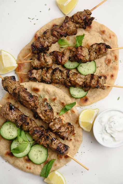 Greek Lamb Souvlaki (Skewers) - Real Greek Recipes Greek Lamb Souvlaki Recipe, Lamb Souvlaki Recipe, Greek Lamb Recipes, Souvlaki Skewers, Lamb Souvlaki, Lamb Mince Recipes, Greek Chicken Kebabs, Yogurt Dill Sauce, Lamb Marinade