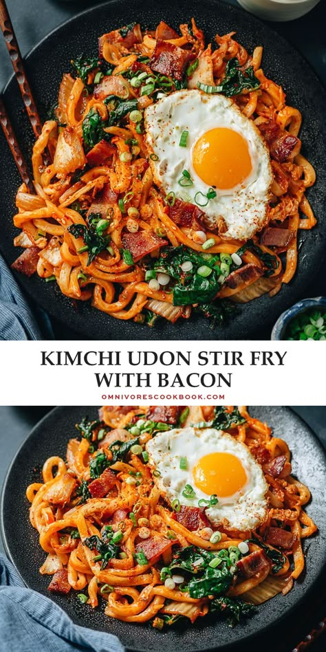 Bacon Kimchi, Fried Udon, Udon Recipe, Easy Stir Fry Recipes, Kimchi Recipe, Easy Bacon, Asian Inspired Recipes, Spicy Sauce, Noodle Dishes