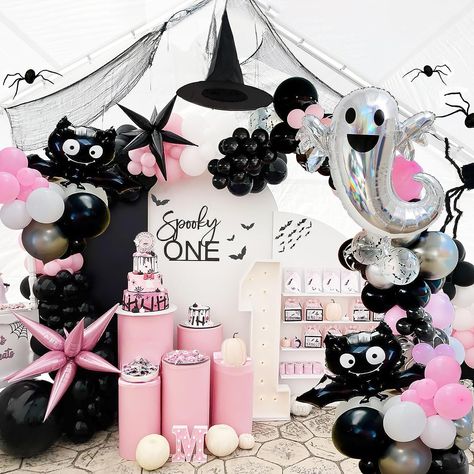 Pink and Black Silver Balloon Garland Kit 130Pcs With Starburst Ghost balloon and wizard Hat for Girl Halloween baby shower Happy booday Birthday Party Decoration Spooky One Birthday Party, Happy Boo Day, Pink Halloween Party, Carnival Birthday Theme, Halloween Balloon Garland, Spooky One Birthday, Halloween First Birthday, Halloween 1st Birthdays, Spooky One