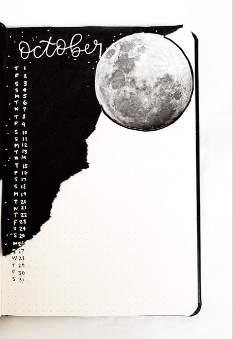 White pen, black paper, october theme, lunar theme, moon, stars, bujo monthly page Journal Moon Theme, Bujo Black And White, Black Paper Journal Ideas, Moon Scrapbook Pages, Scrapbook Moon Theme, Bujo Moon Theme, Bujo Monthly Themes, Black And White Bujo, Black Paper Scrapbook