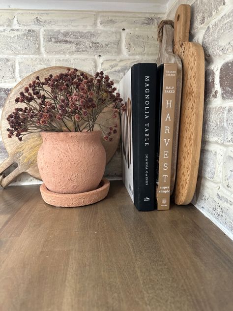 Modern Kitchen Makeover Butcher Block Brick Backsplash Kitchen Remodel - ohhoneymama.com White Earthy Kitchen, Modern Kitchen Makeover, Brick Backsplash Kitchen, Kitchen Countertop Decor, Kitchen Layouts, Living Space Decor, Countertop Decor, Fridge Decor, Brick Backsplash