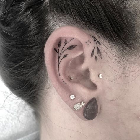 Image may contain: one or more people and closeup Inner Ear Tattoo With Piercing, Ear Lobe Tattoo, Inside Ear Tattoos, Tragus Tattoo, Back Ear Tattoo, Inner Ear Tattoo, Being Too Much, Thistle Tattoo, Mama Tattoo