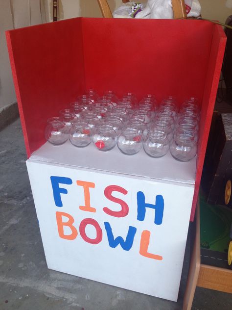 My fish bowl game for carnival party. Goldfish Carnival Game, Fish Bowl Toss Carnival Game, Fish Cup Game, Fish Bowl Game Carnival, Carnival Games Diy Easy, Fun Fair Games For Adults, Mini Carnival Games Booth Ideas, Elementary School Carnival Games Ideas, Fish Bowl Game Ideas