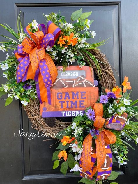 SassyDoorsWreaths Clemson Wreath, Clemson Decor, Sport Wreaths, Cowboys Wreath, Sports Wreath, Clemson Tigers Football, Wreath Sash, Bird Barn, Sports Wreaths