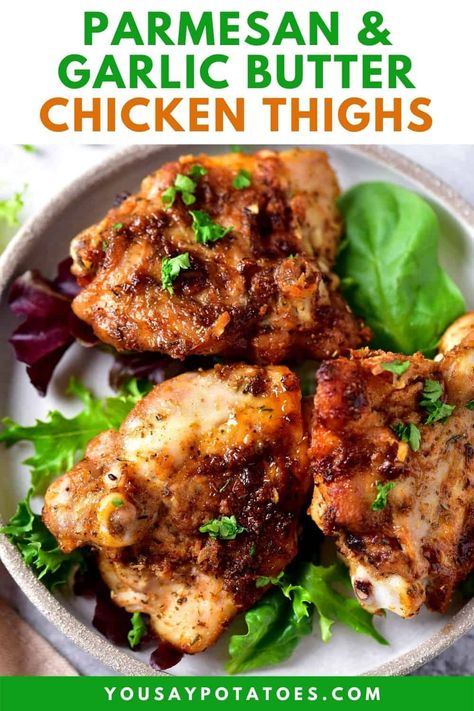 These succulent, juicy Garlic Parmesan Chicken Thighs are seasoned with garlic butter, herbs, and parmesan cheese. Oven baked or air fried. Garlic Butter Parmesan Chicken, Garlic Parmesan Chicken Thighs, Butter Parmesan Chicken, Parmesan Chicken Thighs, Chicken Thighs Air Fryer, Oven Fried Chicken Thighs, Baked Garlic Chicken, Baked Garlic Parmesan Chicken, Roasting Garlic In Oven