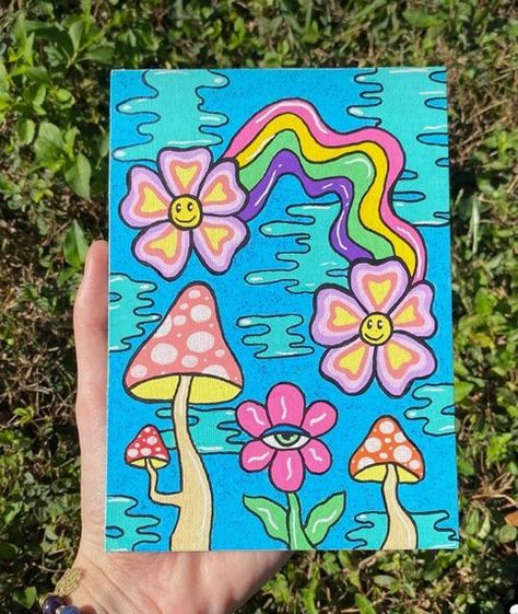 Fun Things To Paint While High, Trippy Simple Paintings, Mini Trippy Paintings, Trippy Mini Canvas Paintings, Painting Ideas Easy Simple Trippy, Trippy Paintings Simple, Trippie Paintings Ideas, 5 By 7 Canvas Painting Ideas, Trippy Hippy Painting Ideas Easy