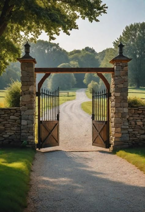 Rustic Gate Entrance, Driveway Entrance Gates Country, Farmhouse Main Gate, Cedar Post Driveway Entrance, Backyard Entrance, Farm Fence Gate Ideas, Entryway Gates Driveway, Home Entrance Exterior, Gated Driveway Entrance Landscaping