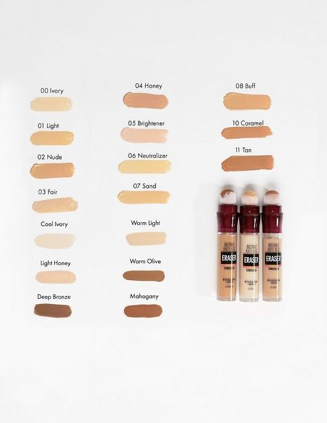 Maybelline Eraser Concealer, Maybelline Eraser Eye Concealer, Maybelline Eraser, Skin Tone Makeup, Maybelline Concealer, Natural Summer Makeup, Makeup Charts, Maybelline Instant Age Rewind, Makeup Nails Designs