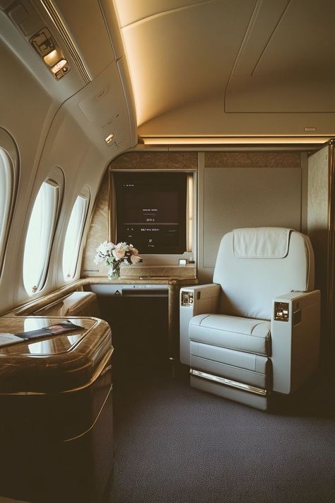 "Fly in ultimate comfort with a first-class airline suite! ✈️🛋️ Experience unparalleled luxury, spacious seating, and top-notch service on your next journey. 🥂🌟 #FirstClass #LuxuryTravel #AirlineSuite" First Class Plane, First Class Airline, Airplane Room, Private Jet Interior, First Class Seats, Luxury Private Jets, Plane Travel, Luxury Aesthetic, Private Jet