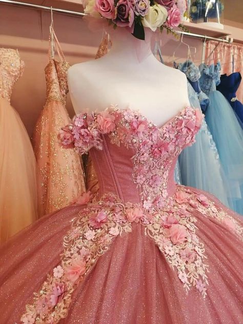 Strawberry Quince Dress, Coral Quince Dress, Enchanted Forest Theme Quinceanera Dress Pink, Royal Pink Quinceanera Dresses, Sleeping Beauty Quinceanera Theme Dress, Dark Pink Quince Dress, Pink Quince Dress With Flowers, Aurora Sleeping Beauty Quinceanera Theme, Quinceanera Dresses With Straps