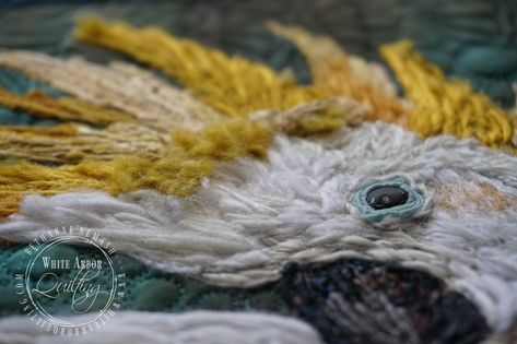 By Bethanne Nemesh. My fiber art quilt, featuring nesting saffron crested cockatoos.  It uses yarn couching, tufting, embroidery, hand dye yarns, custom quilting, Freemotion machine quilting, hand dye fabric.  Auctioned off at Houston Quilt Festival 2019 celebrity auction Tufting Embroidery, Yarn Couching, Custom Quilting, Fiber Art Quilts, Hand Painted Yarn, Dye Fabric, Embroidery Hand, Quilt Festival, Hand Dyed Fabric