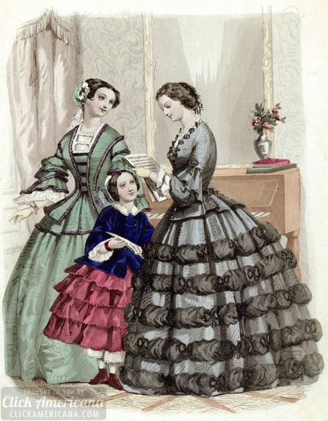 Crinoline Dress, 1850s Fashion, 1800s Fashion, Ruffle Gown, 19th Century Fashion, Illustration Vintage, Victorian Women, Old Fashion, Vintage Magazines