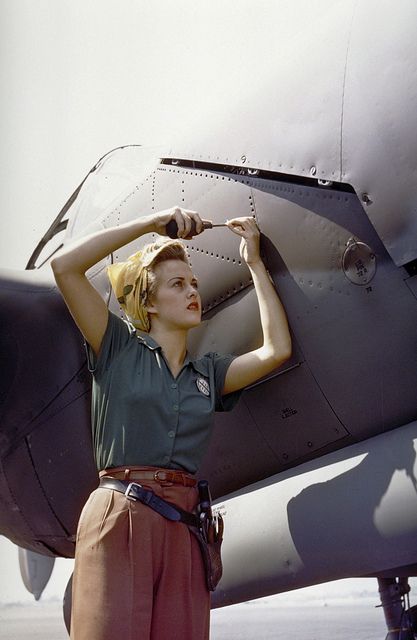 The P-38 Lightning was first produced in 1941. Here a female Lockheed employee [Sally Wadsworth] works on one in Burbank, California, 1944. | Flickr - Photo Sharing! Valentina Tereshkova, Dust Bowl, Grace Elizabeth, Rosie The Riveter, Maria Sharapova, University Of Michigan, Pearl Harbor, Badass Women, Photos Of Women